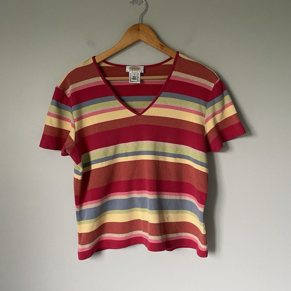 Talbots Vintage Knit Top Cotton Blend V-Neck Colorful Stripes Cottagecore Size L